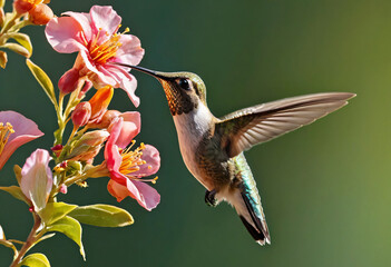 Fototapeta premium Hummingbird flying to a blossom flower.