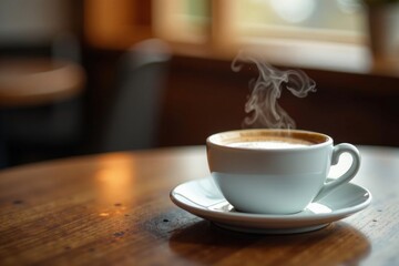 Fototapeta premium Espresso in small white cup on wooden table, steam rising from surface, liquid, steam, table