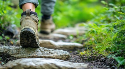 Hiker ascending uphill path, easy uphill hiking technique, nature background, stepping stones for success