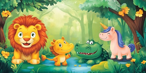 whimsical jungle friends: a colorful adventure with a lion, crocodile, and unicorn