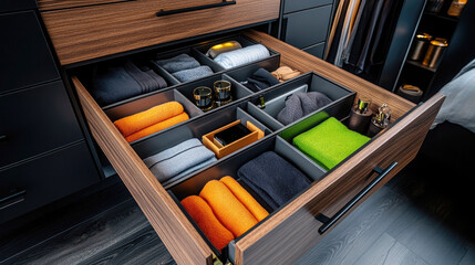 Modern closet drawer organization with colorful towels and accessories for home decor inspiration