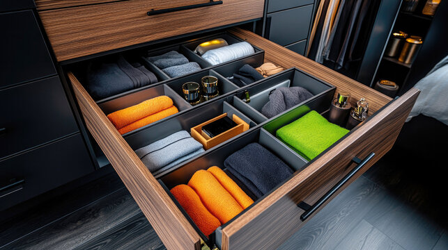 Modern closet drawer organization with colorful towels and accessories for home decor inspiration