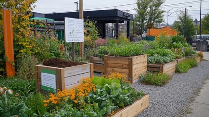 An eco-conscious urban green space with composting stations, water-efficient landscaping, and educational signage about sustainable urban living