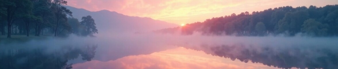 Fototapeta premium Ethereal fog swirling around a misty lake at dawn, stars, night sky, water