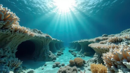 Fototapeta premium Underwater view of a coral reef affected by bleaching with sun rays filtering through clear ocean water 