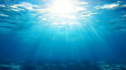 Fototapeta premium Underwater scene with bright sun rays shining through transparent blue water