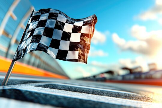 Checkered flag on racing track finish line symbolizing motorsport victory and celebration with blurred background for dynamic speed scenes
