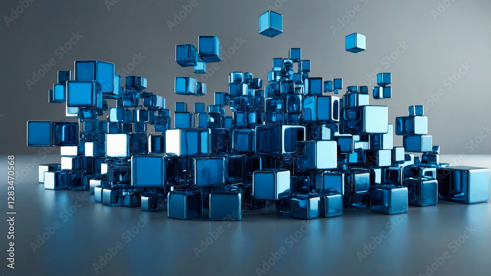 Wall mural abstract technology composition of a cluster of three-dimensional cubes in varying shades of blue