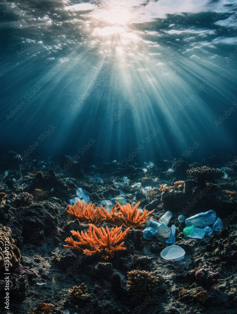 Leinwandbilder underwater view of dying corals amid plastic waste illuminated by sun rays in a fragile marine envir