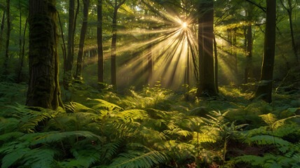 Golden Rays Dancing Through a Lush Woodland, Illuminating the Forest Floor