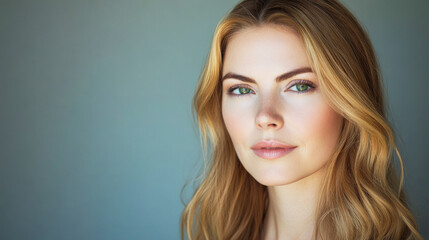 Naklejka premium Close-up of a woman with long, wavy blonde hair cascading over her shoulders
