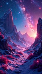 Fototapeta premium Ethereal landscape with shimmering holographic crystals and nebulae, universe, ethereal, crystals