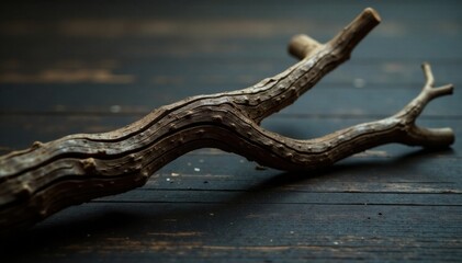 Close-up of a twisted, gnarled tree branch on dark wooden background, bark, dark wood