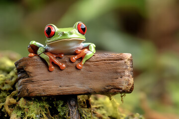 Red Eyed Tree Frog on a rustic wooden sign on tropical island beach backdrop with sea, white sand, and palm trees, travel vacation on exotic caribbean destination