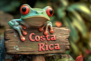 Travel destination costa rica red eyed tree frog on a rustic wooden sign on tropical island forest with palm trees and exotic plants, wildlife in jungle 