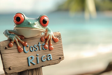 Travel destination costa rica red eyed tree frog on a rustic wooden sign on tropical island beach palm trees lagoon and turquoise sea