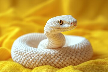 Fototapeta premium Playful knitted snake coiled on vibrant yellow. Cheerful, whimsical handmade craft ideal for kids content, toy stores, nursery decor, creative projects, and spring designs. Copy space right.