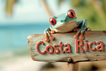 Travel destination costa rica red eyed tree frog on a rustic wooden sign on tropical island beach palm trees lagoon and turquoise sea