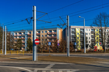 The intersection of Wladysława Orkana Street and 11 Listopada Street in Czestochowa, tram line number 3 Poland