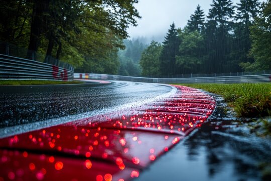 Rain-soaked racetrack curves through lush forest near N&uuml;rburgring during gloomy weather