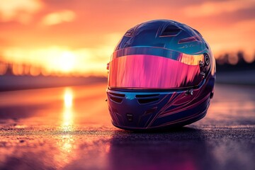 Fototapeta premium Colorful racing helmet rests on wet asphalt at sunset near a motorsport circuit with vibrant sky colors