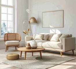 Modern living room with a white sofa. wooden coffee table. and wicker chair