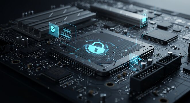 Cybersecurity System on Motherboard with Security Padlock, Data Protection