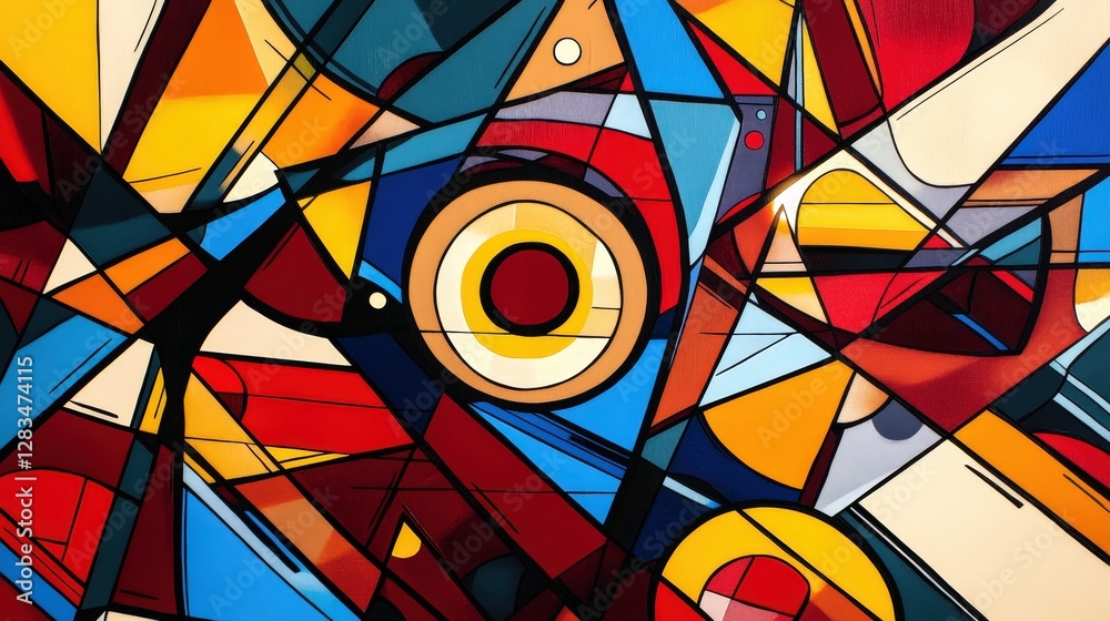 Poster an intricate abstract design featuring sharp, angular lines and circles, overlapping in various shad