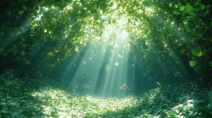 Enchanting Sunlit Forest Scene with Green Canopy and Glimmering Sunbeams Filtering Through Branches Illuminating The Forest Floor