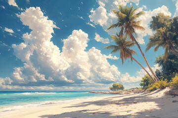 Tropical island beach shore with palm trees lagoon and, turquoise water of caribbean sea, punta cana, dominican republic