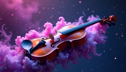 Fototapeta premium Ethereal music swirls around a lone violin, as soft purple mist ascends from the instrument's body , harmony, viola, musical abstract background