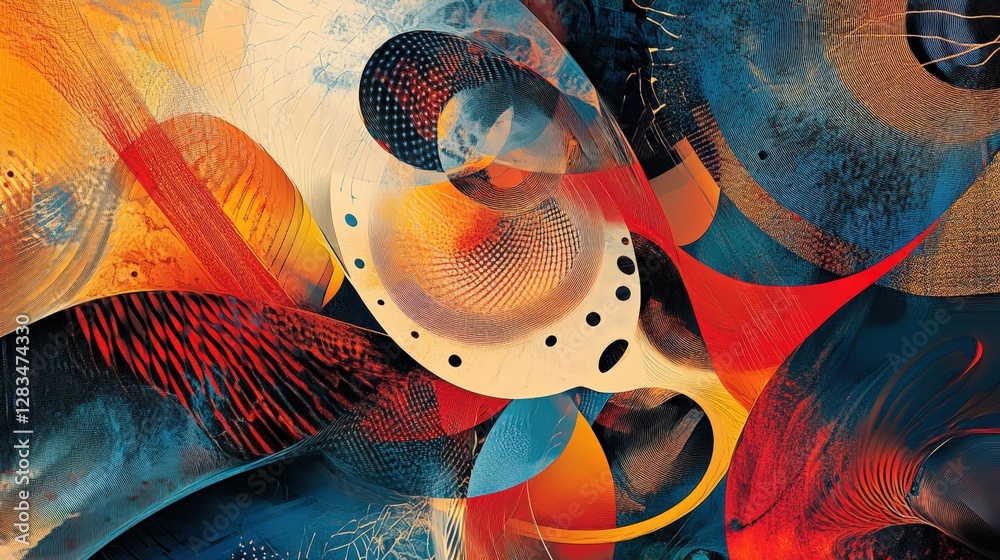 Poster an intricate abstract design featuring sharp, angular lines and circles, overlapping in various shad