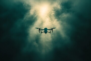 Fototapeta premium Drone flying through foggy skies with sunlight breaking through clouds