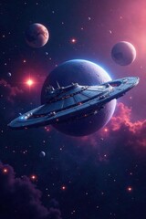 Futuristic space station in orbit with stars and planets, station, galaxy