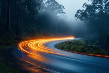Fototapeta premium Elegant curves of a winding road at dusk with glowing lights illuminating the misty landscape