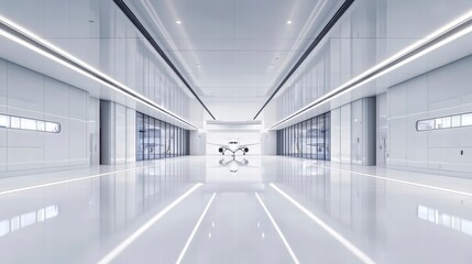 Modern Architectural Interior: An expansive, ultra-modern interior space of glass and reflective surfaces. Capturing a sense of clean, sleek design and technological advancement