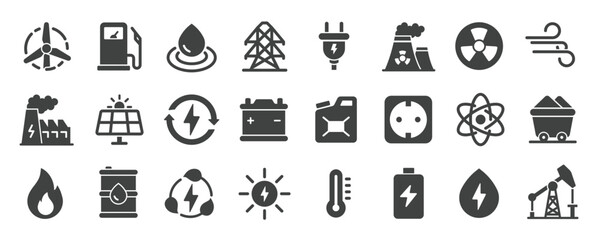 Energy glyph solid icons collection. Containing electric, power, renewable, ecology. Minimal icon and symbol series vector illustration