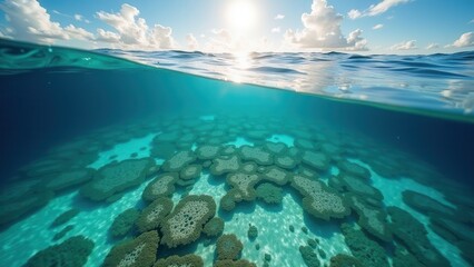 Split view of an underwater coral reef with clear turquoise water and cloudy sky above the ocean surface	
