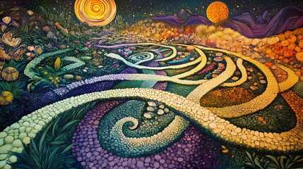 A captivating labyrinth of paths and vibrant murals