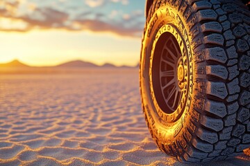 Desert sunset casting warm light on rugged tire with striking patterns in the sand