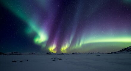 Naklejka premium Aurora Borealis Dancing Over Snowy Landscape at Night in Winter