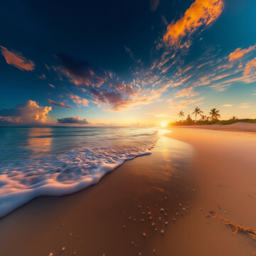 Tropical sunrise on exotic island beach with sea waves on the sandy shore and palm trees lagoon caribbeans