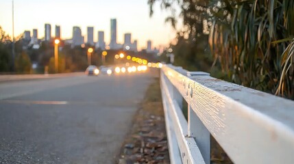 Sunset city road view, white fence, urban background, travel photo