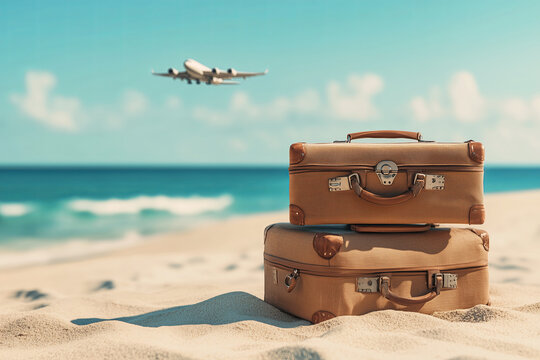 Vacation concept, suitcase luggage with sign board on sandy beach shore with airplane in sky,  travel to exotic caribbean island  backdrop with turquoise waters of caribbean sea and palm trees
