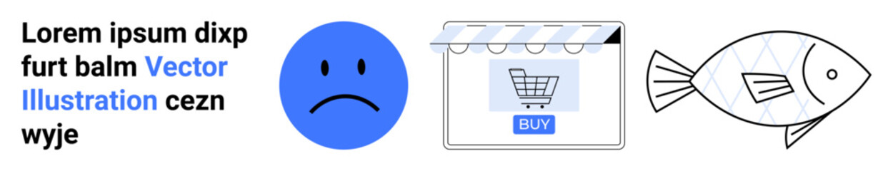 Blue sad face on the left, online storefront with shopping cart in the center, and abstract fish sketch on the right. Ideal for e-commerce, emotions, symbols, digital design, abstract ideas