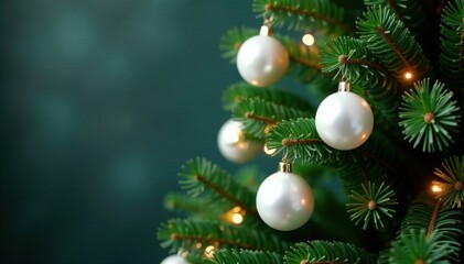 Fototapeta premium Evergreen fir tree with white ornaments and lights , frosty, decoration, evergreen