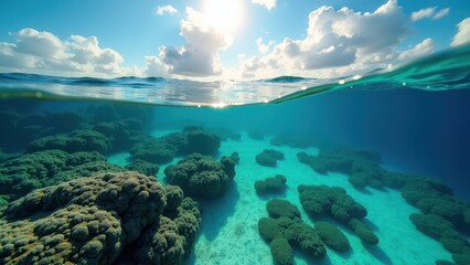 Split view of an underwater coral reef with clear turquoise water and cloudy sky above the ocean surface	