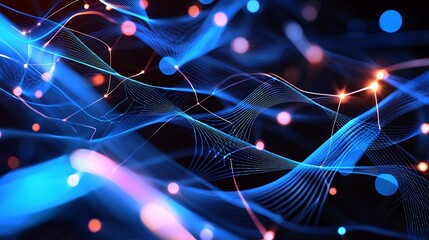 Abstract Blue Network Background with Glowing Lines and Dot Structures Technology