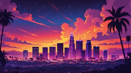 Fototapeta premium A warm and vibrant depiction of the Los Angeles skyline at sunset