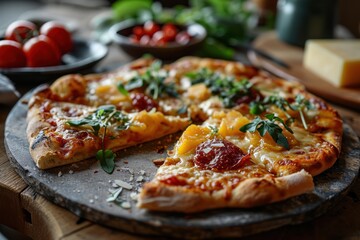 Pizza Four Cheese, Italian Pizza with Rich Tomato Sauce, Mozzarella, Parmesan, Gorgonzola, and Ricotta Cheese, Creamy and Savory Pizza Isolated on Background with Copy Space.